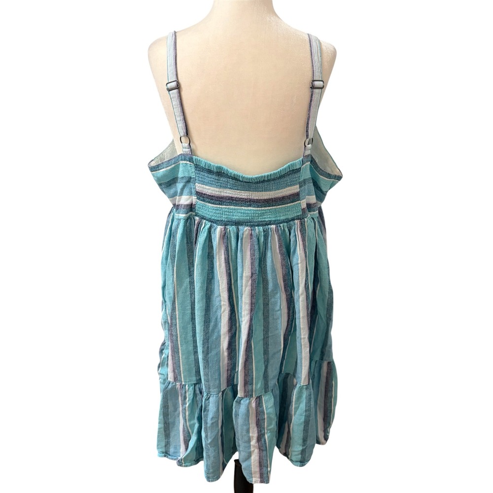 FarWest Striped Linen Blend Plus Size XXL Babydoll Mini Sun Dress Turquoise - Picture 6 of 8